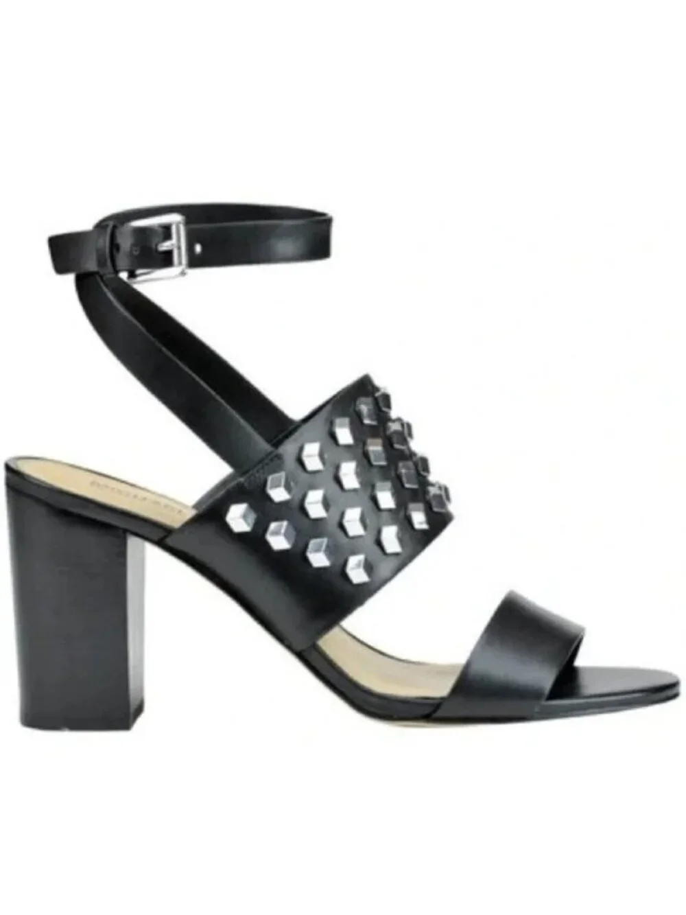 MICHAEL KORS Valencia Black Studded Leather Ankle Strap Chunky Heel Sandals 9.5